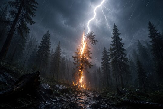 Dramatic forest scene with a tree struck by lightning and engulfed in flames