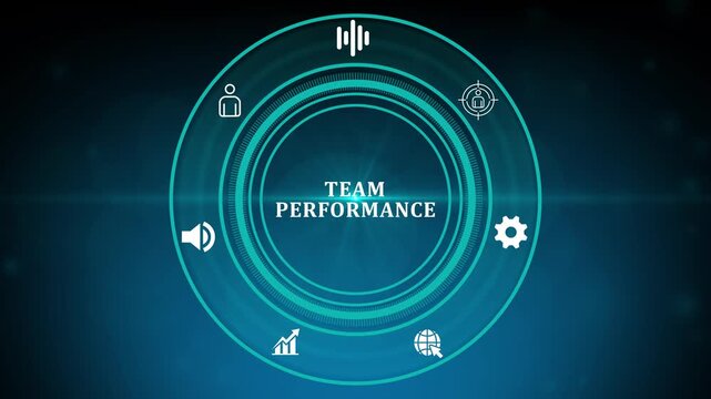 Business performance monitoring dashboard with high tech glowing gears, growth bar chart icon and team management symbols on dark background