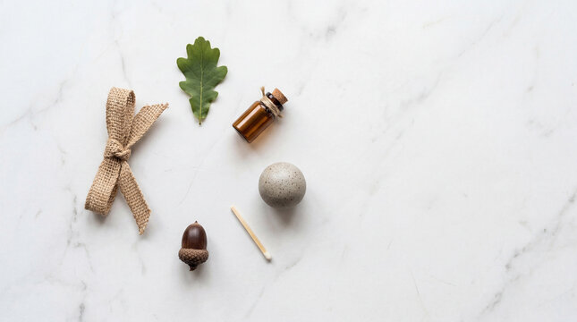 Flat lay of natural DIY sustainability objects on marble background