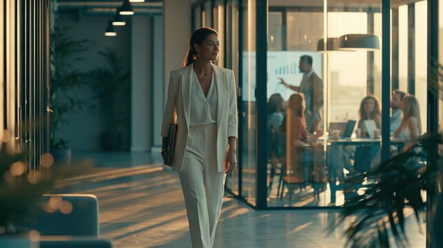Cinematic Steadicam Tracking Shot of Elegant Businesswoman Walking Through Modern Office