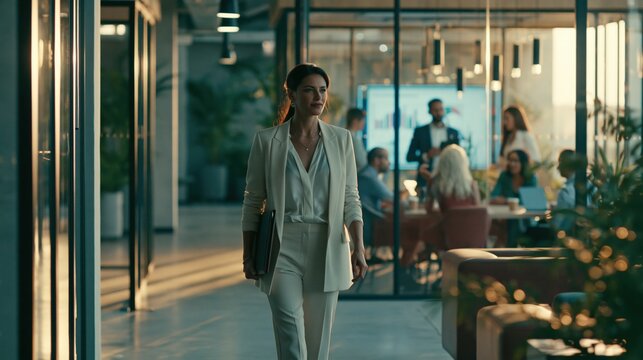 Cinematic Steadicam Tracking Shot of Elegant Businesswoman Walking Through Modern Office