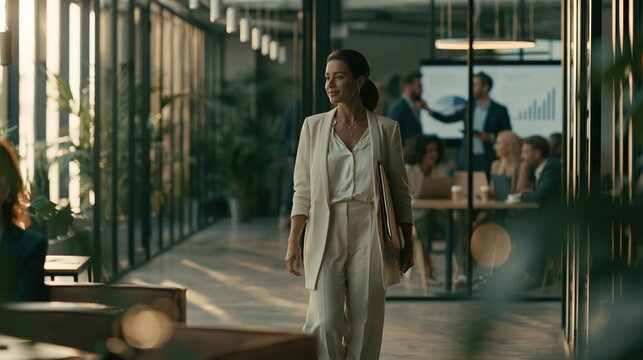Cinematic Steadicam Tracking Shot of Elegant Businesswoman Walking Through Modern Office