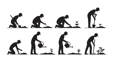 Gardener silhouette sequence planting watering cultivating young plants growth stages © MdNasir