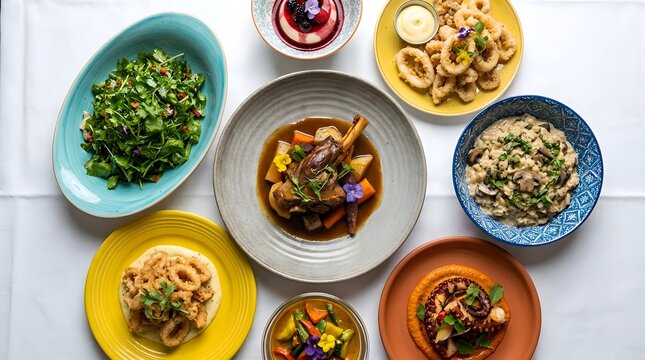 Top view flat lay of an assortment of gourmet meals on colorful dishes featuring braised lamb shank, octopus, mushroom risotto, and fried calamari on a bright white surface