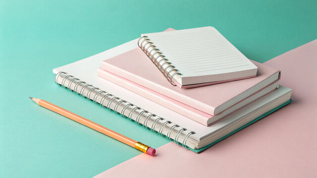 Stack of spiral notebooks with a pencil on colored paper