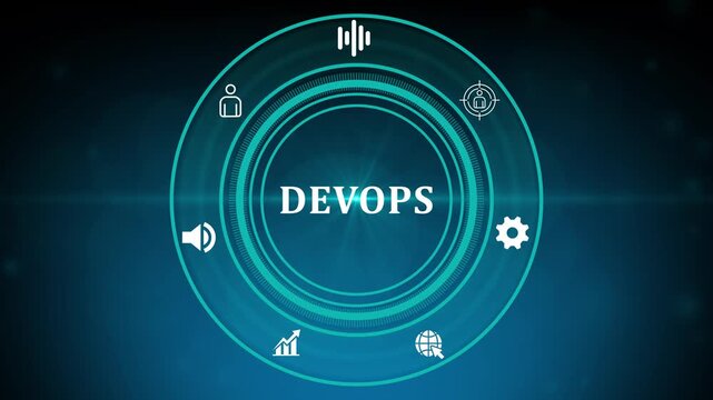 Modern devops workflow interface with robot icon for automated software development and continuous integration, hud optical light animation.4k motion graphics video animation
