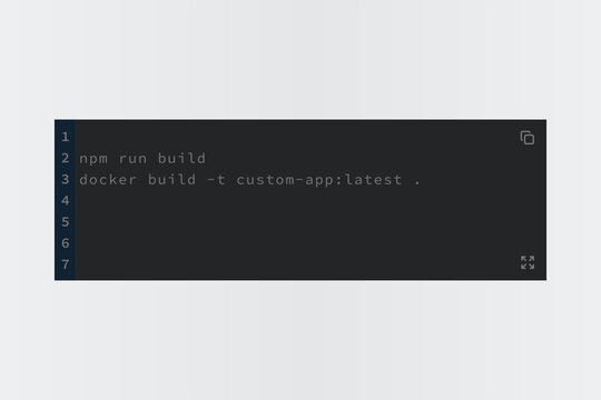 Dark mode code editor window and terminal ui component vector template featuring custom build commands, line numbers, clean code container block, and expansion icons for web development.