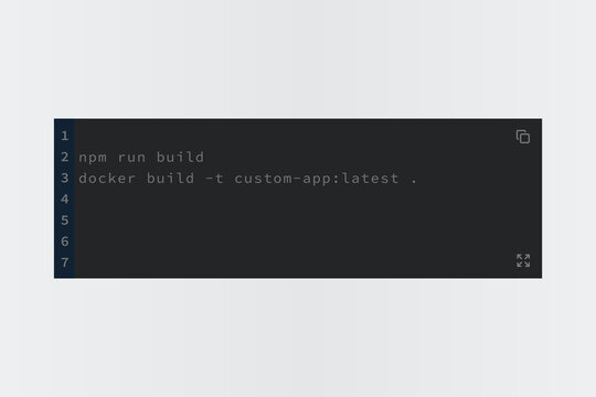 Dark mode code editor window and terminal ui component vector template featuring custom build commands, line numbers, clean code container block, and expansion icons for web development.