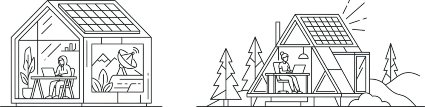 Off grid sustainable tiny house sketch set. Outline illustration of person working remotely on laptop in eco friendly cabin with solar panels.