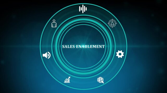sales enablement graphic with shopping bag cart and megaphone icons in circle.Digital Sales Enablement Strategy with Icons and optical light. Business, Technology ,Internet and network concept.