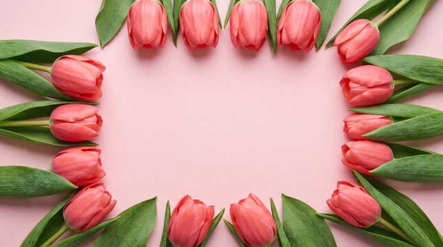 Pink Tulip Flower Frame Background with Central Copy Space