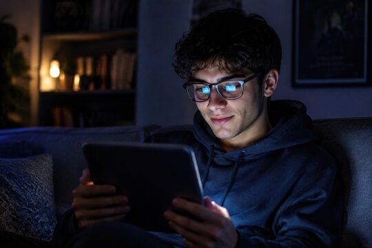 Young man wearing glasses engrossed in his tablet at night