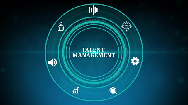 Talent management network animation with glowing data connections and technology icons, digital workforce development and performance strategy concept. optical light background concept.4k motion