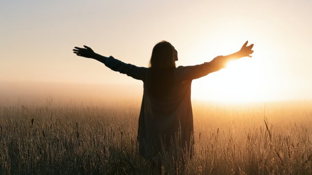 A mature woman stands with arms open wide in a vast landscape, feeling freedom and welcoming a new chapter as the sun sets.