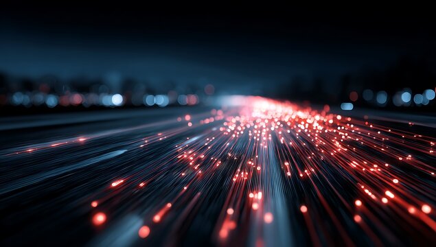 A dynamic abstract image representing the concept of data transmission with glowing red lights moving along digital pathways, creating a sense of speed and connectivity