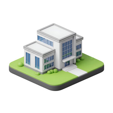Modern small office building icon in a 3d isometric style with green lawn