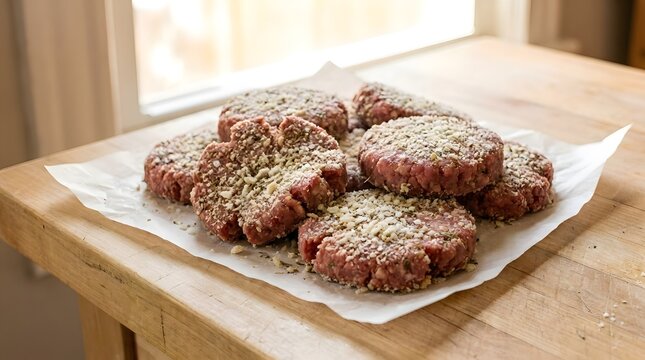 Raw seasoned beef burger patties with herbs and breadcrumbs placed on white parchment paper over a rustic wooden tabletop, ready for grilling or cooking at home