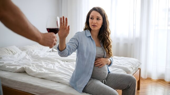Pregnant woman sitting on a white bed refusing a glass of red wine offered by a man, gesturing stop for prenatal health and alcohol avoidance during pregnancy in a bright domestic bedroom