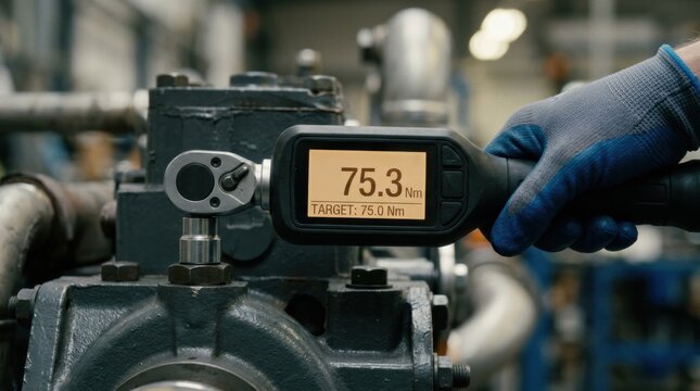 Close medium shot of a smart torque tools digital screen capturing and displaying torque values during a fastener tightening process on industrial equipment.