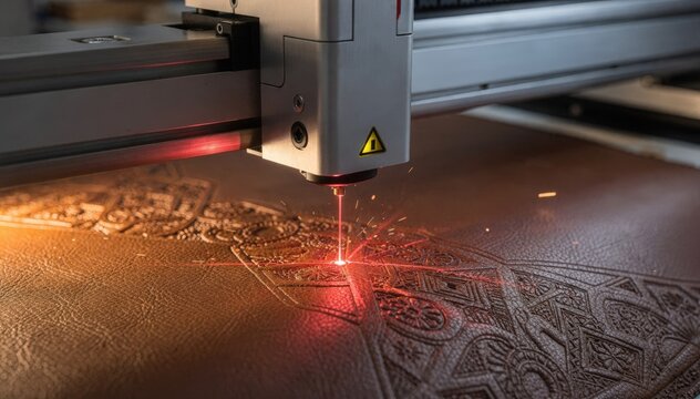 Focused medium shot of laser technology creating intricate logofree leather designs emphasizing customization and hightech craftsmanship in product decoration.