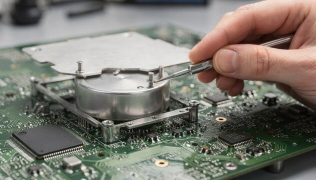 Engineer uses screws to fasten an EMI shield can over intricate RF modules highlighting precise assembly techniques to enhance electromagnetic compatibility in electronic devices.