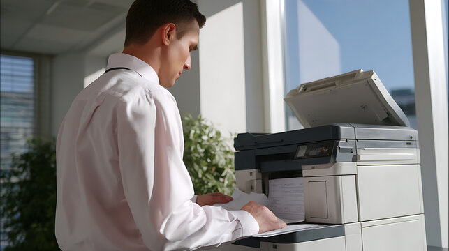 Professional man in white shirt use office multifunction printer machine for document scan or copy at modern business workplace