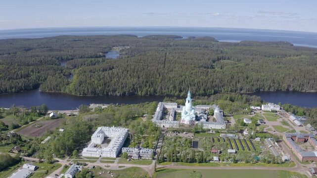 Aerial footage of Valaam Monastery and Ladoga lake on sunny summer day. Karelia, Russia.