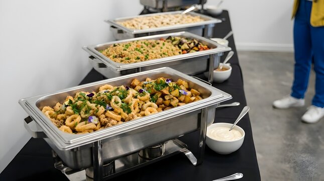 Professional catering buffet line with stainless steel chafing dishes filled with fried calamari, roasted potatoes and rice dishes served at a corporate event or party celebration