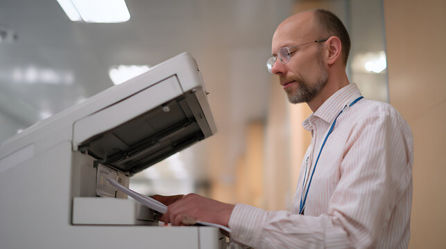 Focused adult male executive operate office equipment, a mid-shot showcasing diligent work in a professional modern business environment interior