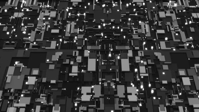 Abstract digital background with moving 3d blocks and glowing lights representing futuristic technology data