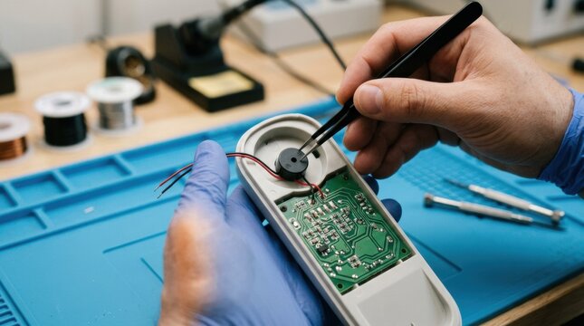 Medium shot of hands installing a soft residential piezo buzzer into a compact telephone housing focusing on delicate components and neat placements.