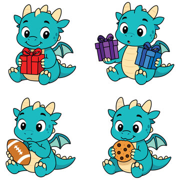 Four cute cartoon dragons holding gifts football cookie with character illustration football creature delicious surprise celebration