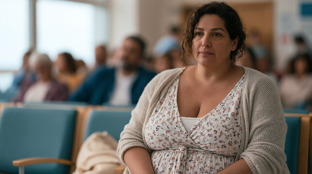Crowded hospital waiting room where overweight woman overhears dismissive comment from nearby stranger, weight stigma in public healthcare setting, bias awareness and patient dignity concept for med