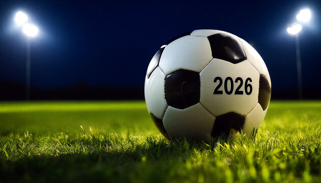 Black and white soccer ball on green field with bright lights showing year