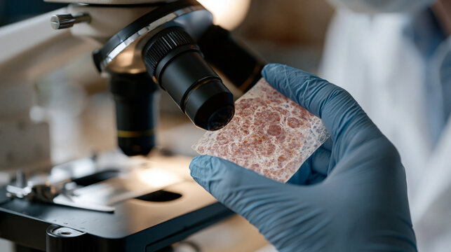 Cellular biology close-up of laboratory slide under microscope showing senescent cell clusters, researcher's gloved hand adjusting focus, rapamycin mTOR inhibition study, aging cell biology geroscie