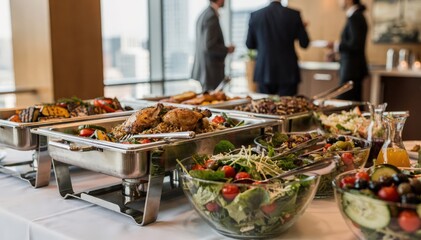 Obraz premium Closeup medium shot focusing on a law firms elegant corporate lunch buffet with gourmet hot entrees and crisp cold salads softly blurred coworkers in the backdrop.