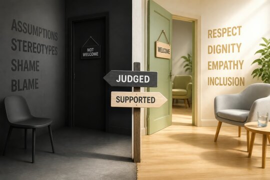 Supportive versus judgmental workplace and home environment with empathy inclusion and mental health concept