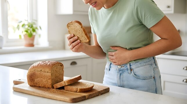 Adult woman in a bright kitchen holding a slice of whole grain bread while clutching her stomach in pain representing digestive issues gluten intolerance or food allergy symptoms