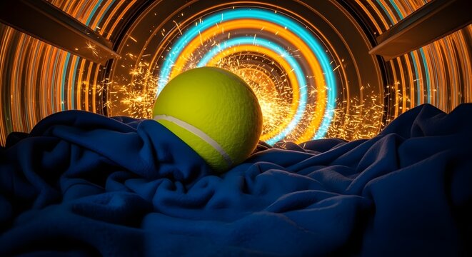 Yellow tennis ball resting on blue wrinkled fabric with glowing circular light rings and sparks art.