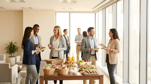 Corporate employees in business casual clothing standing around a buffet table with fresh bread, salads, and fruit while talking in a bright office with large glass windows