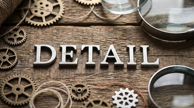 Attention to Detail Concept with Gears and Magnifying Glass on Rustic Wood.