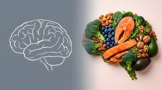 Healthy brain food composition featuring fresh salmon fillet, blueberries, broccoli, avocado, walnuts and almonds arranged as a human brain next to a simple anatomical line drawing illustration