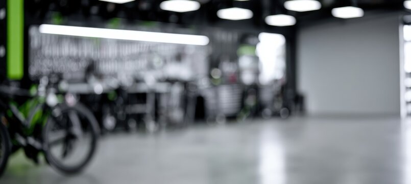 Blurred Interior of Bike Shop with Silver Tool Board and Concrete Floor