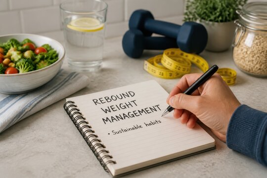 Weight management planning with notebook and healthy food for sustainable fitness habits and wellness tracking