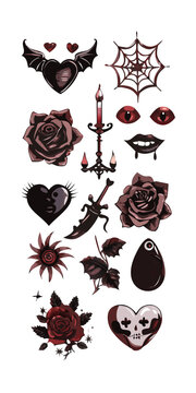 Gothic tattoo flash sheet with dark roses, winged heart, spider web, daggers, candelabra and vampire lips vector illustration