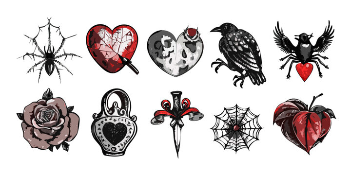 Dark gothic tattoo icons and symbols collection, vector