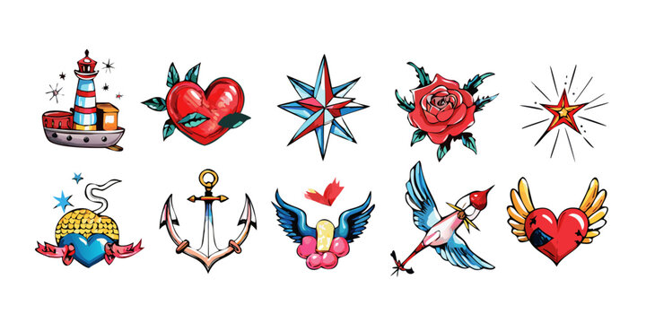 Set of traditional old school tattoo flash icons, vector