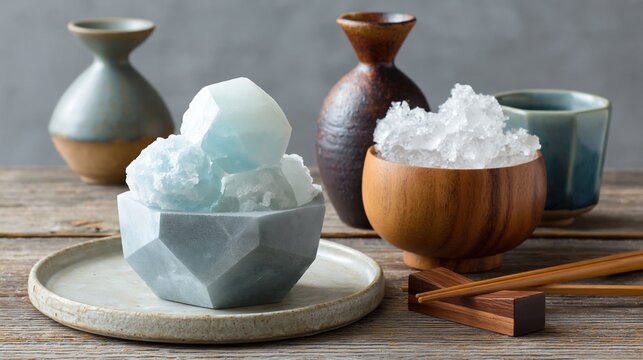 木製テーブルに置かれた日本酒の徳利と氷の器。和の酒器セットと箸置きに置かれた箸。冷酒を楽しむ静物写真