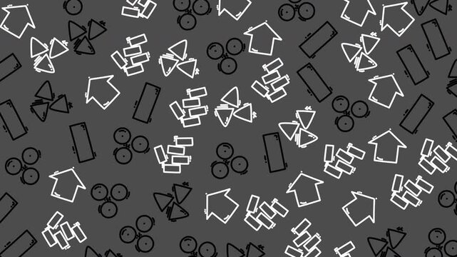 Abstract pattern of simple geometric shapes on dark background. White outlines form arrows, houses, circles, and rectangles. Symbols float randomly across textured gray surface
