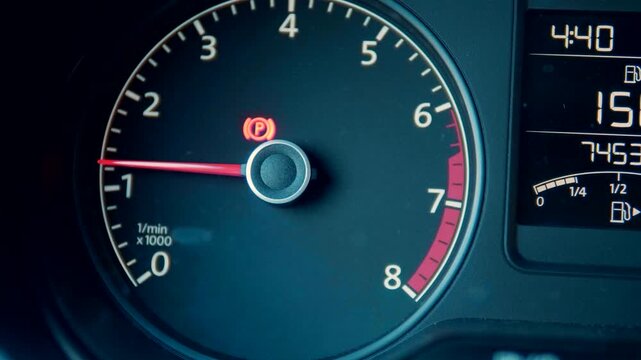 Close up of a car dashboard tachometer showing the engine speed and a red parking brake warning light indicator